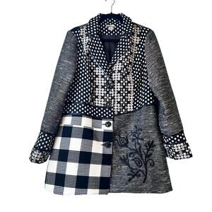 Mirror Image Patchwork Tapestry Jacket Womens Size XL Black & White Gem Button